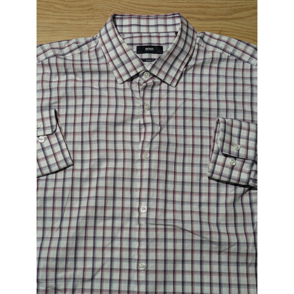 Hugo Boss Sharp Fit Plaid‎ Dress Shirt Purple White Men's 17 32/33
